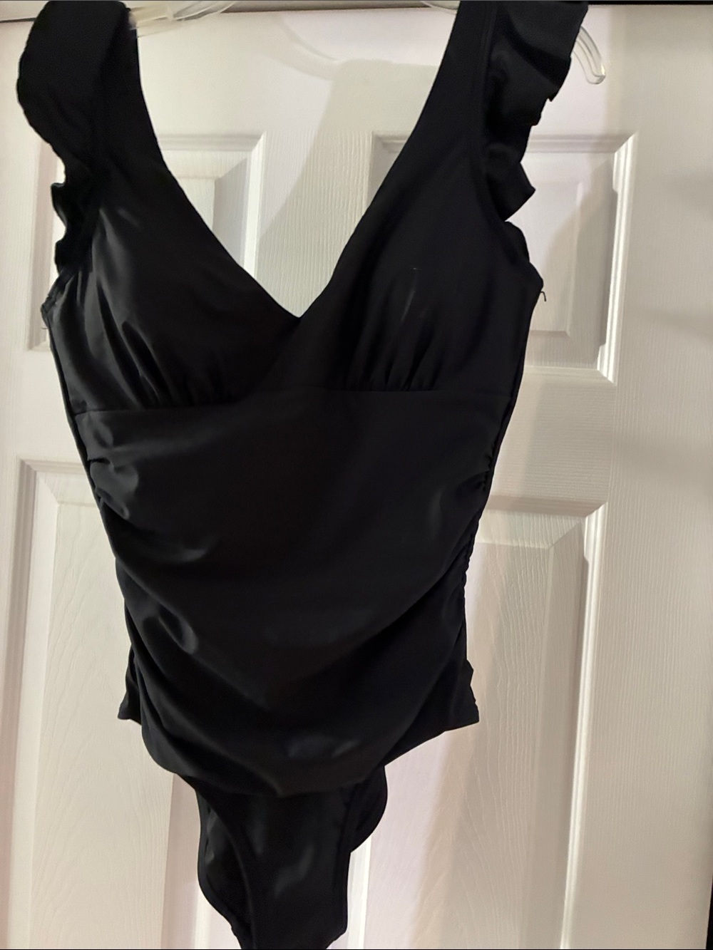 Black Women's V-Neck Ruffled One piece DKNY swimsuit